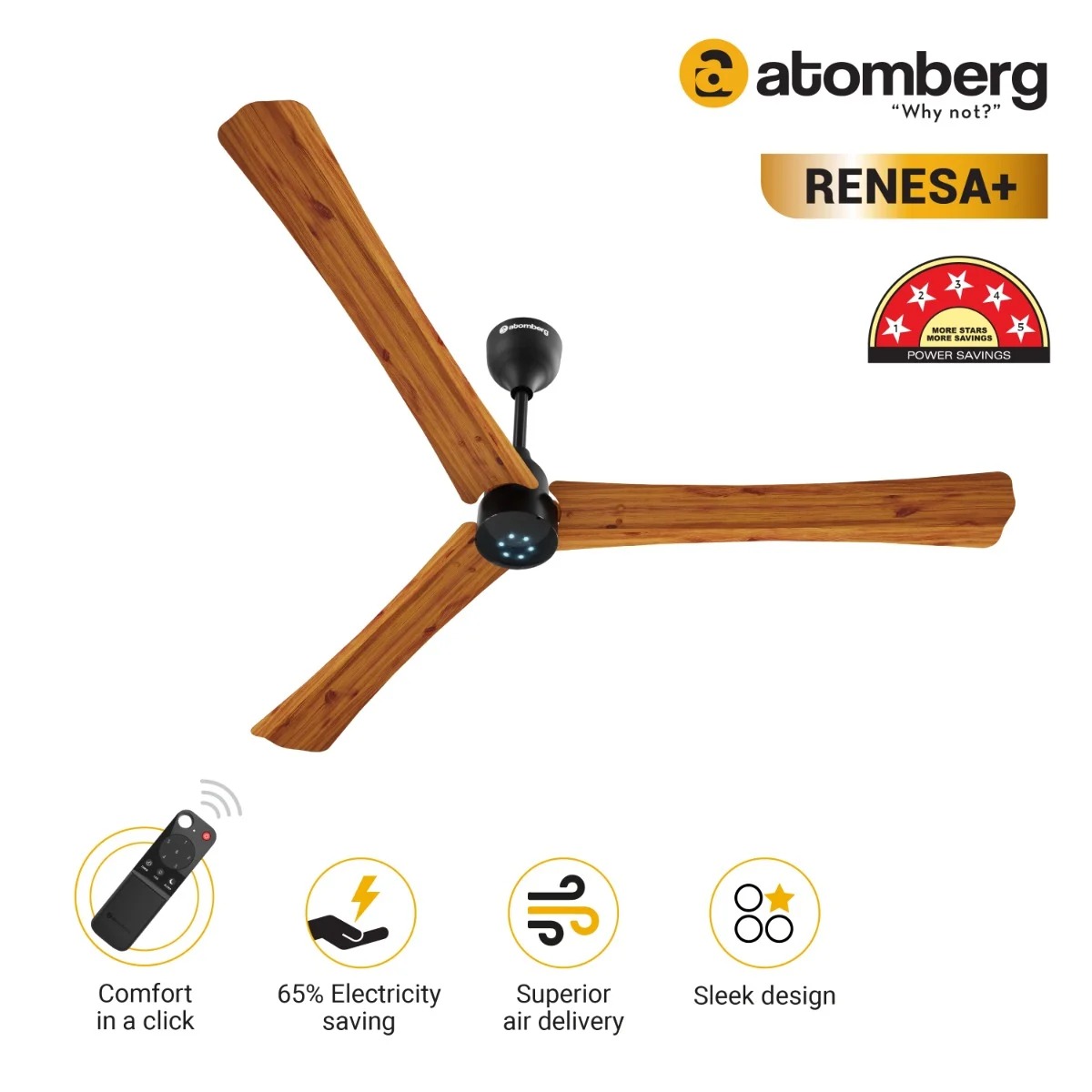 ATOMBERG 56" RENESA+ REMOTE CONTROL CEILING FAN ( Golden Oakwood )