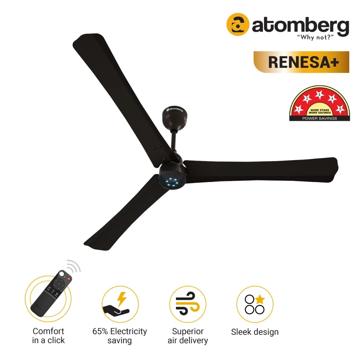 ATOMBERG 56" RENESA+ REMOTE CONTROL CEILING FAN ( Earth Brown)