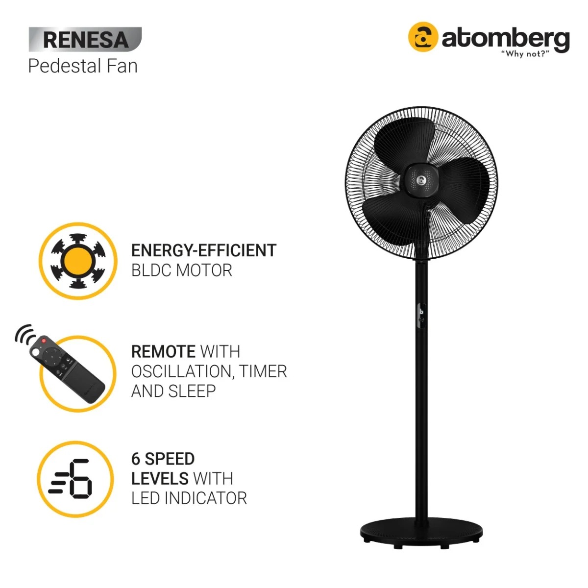 ATOMBERG 16" RENESA SWING REMOTE CONTROL BLDC PEDESTAL FAN( Black)