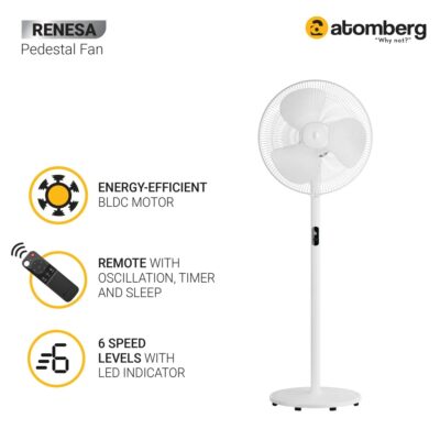 ATOMBERG 16" RENESA SWING REMOTE CONTROL BLDC PEDESTAL FAN(White)