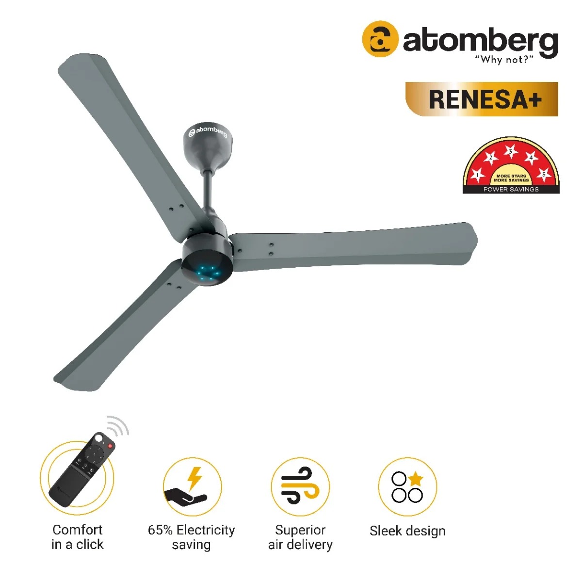 ATOMBERG 56" RENESA+ REMOTE CONTROL CEILING FAN ( Sand Grey)