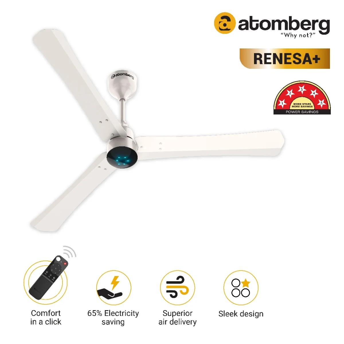 ATOMBERG 48" RENESA+ REMOTE CONTROL CEILING FAN (Pearl White)