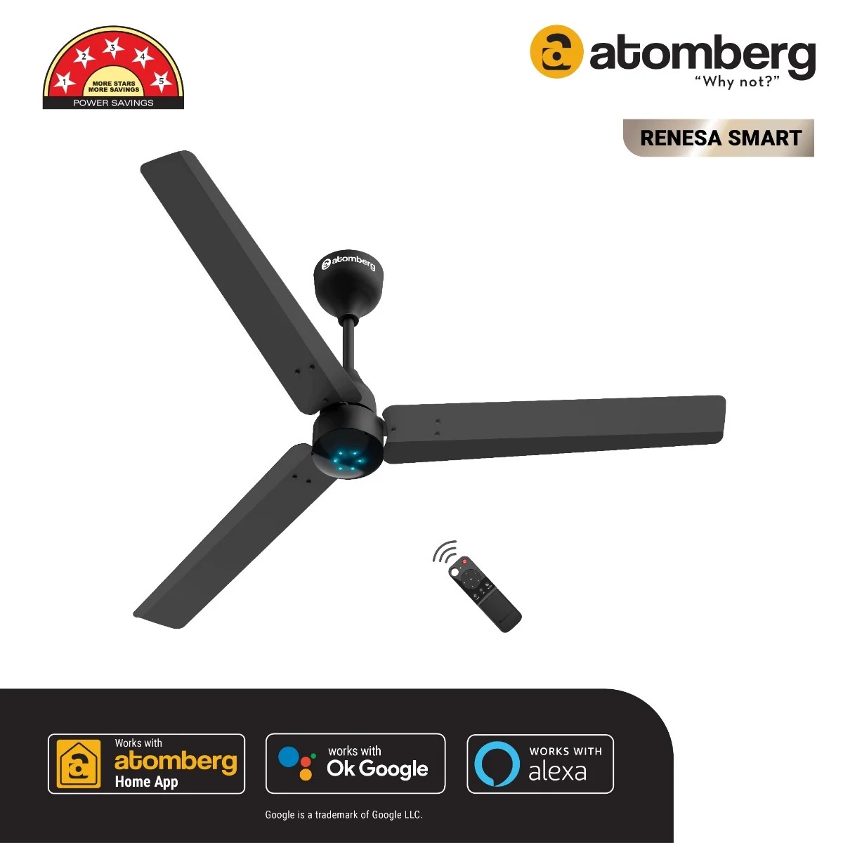 ATOMBERG 48" RENESA SMART REMOTE CONTROL & LED INDICATOR BLDC CEILING FAN WITH IOT(Midnight Black)
