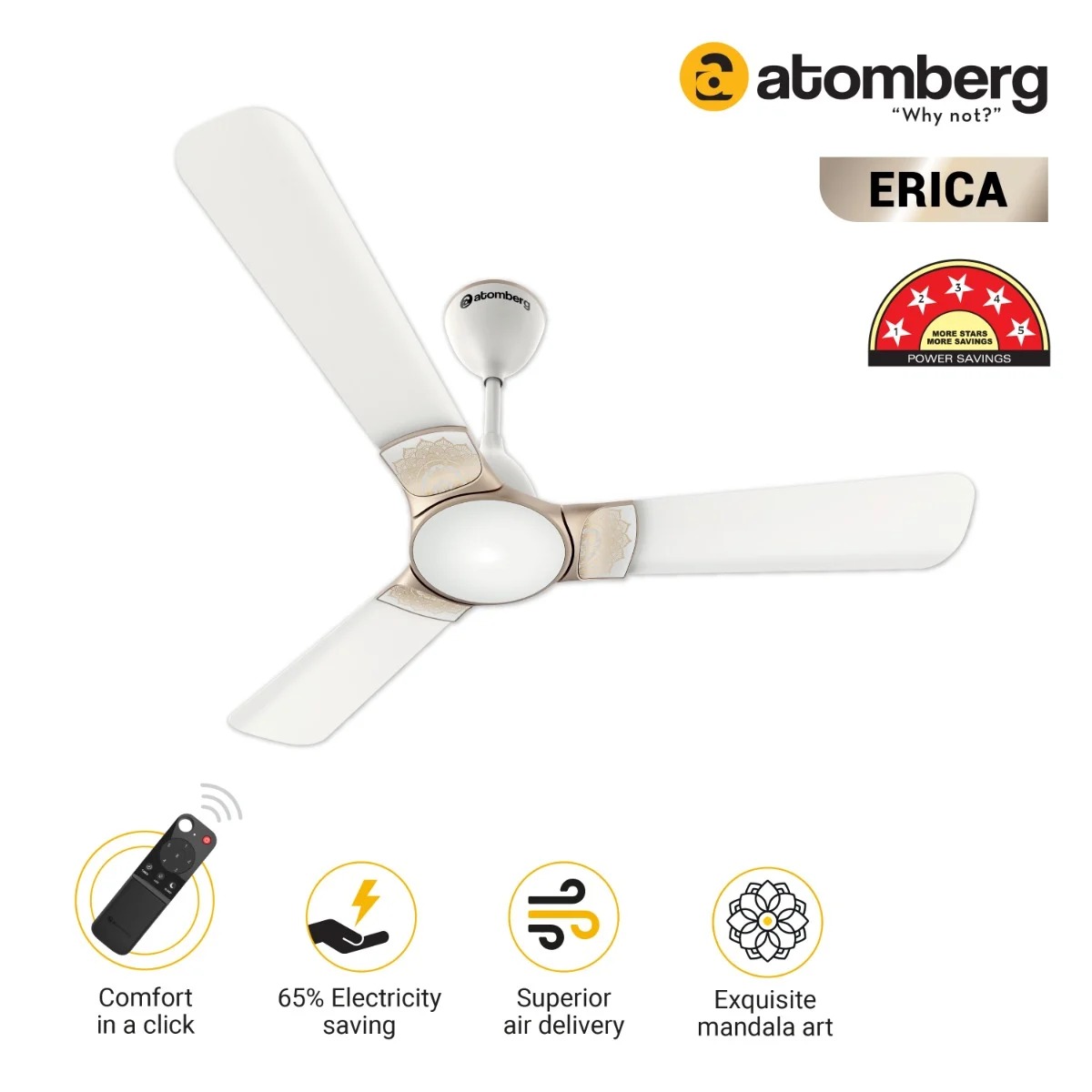 ATOMBER 48" ERICA REMOTE CONTROL CEILING FAN (Snow White)