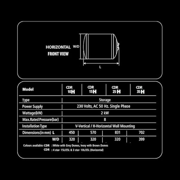 RACOLD CDR DLX HORIZONTAL 15L WATER HEATER