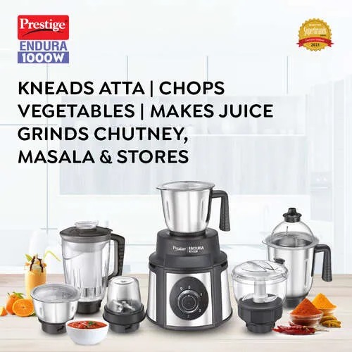 Prestige Endura 1000 W Mixer Grinder, 6 Jars (1500 ml, 1000 ml, 1500 ml, 450 ml) (Black, Silver)